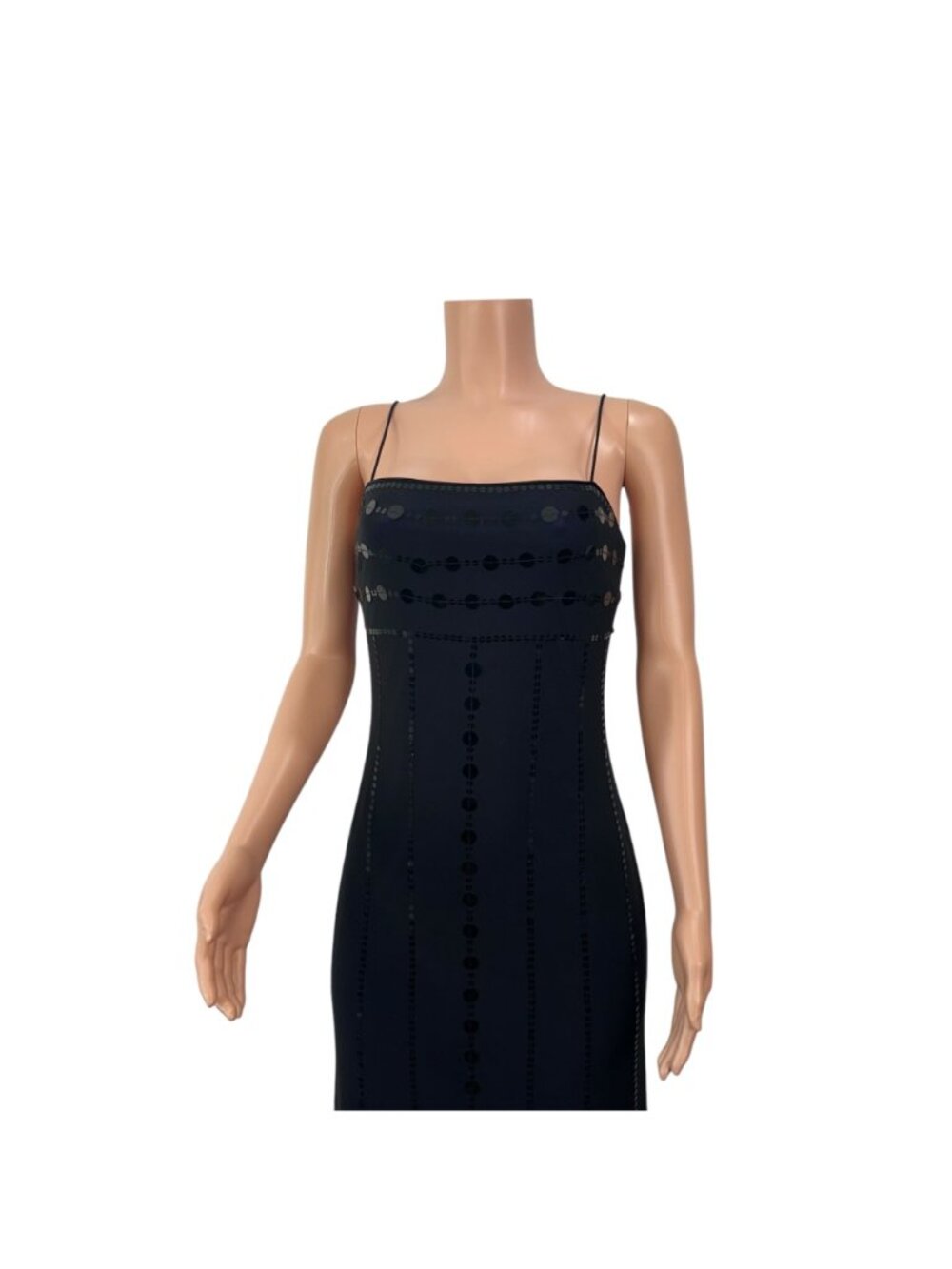 RIMINI By Shaw Vintage Black Sequined Spaghetti Strap Maxi Dress 6 Purple Lined - Picture 2 of 14